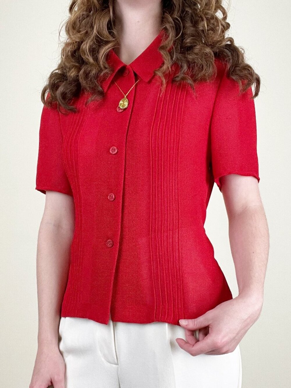 Vintage 90s Pleated Short Sleeve Button Up Down Blouse Top Preppy Bowling Shirt